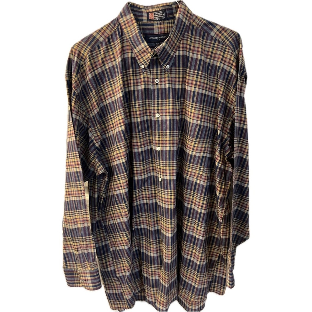 Kenneth Gordon madras button down shirt, XXL, blue/gold/red. Good used condition